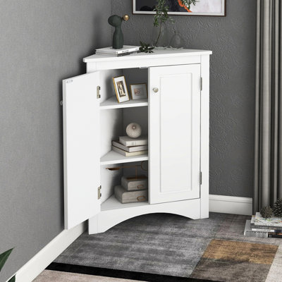 White Triangle Home Cabinet With Adjustable Space-Optimizing Shelves Storage - Enhances Decor