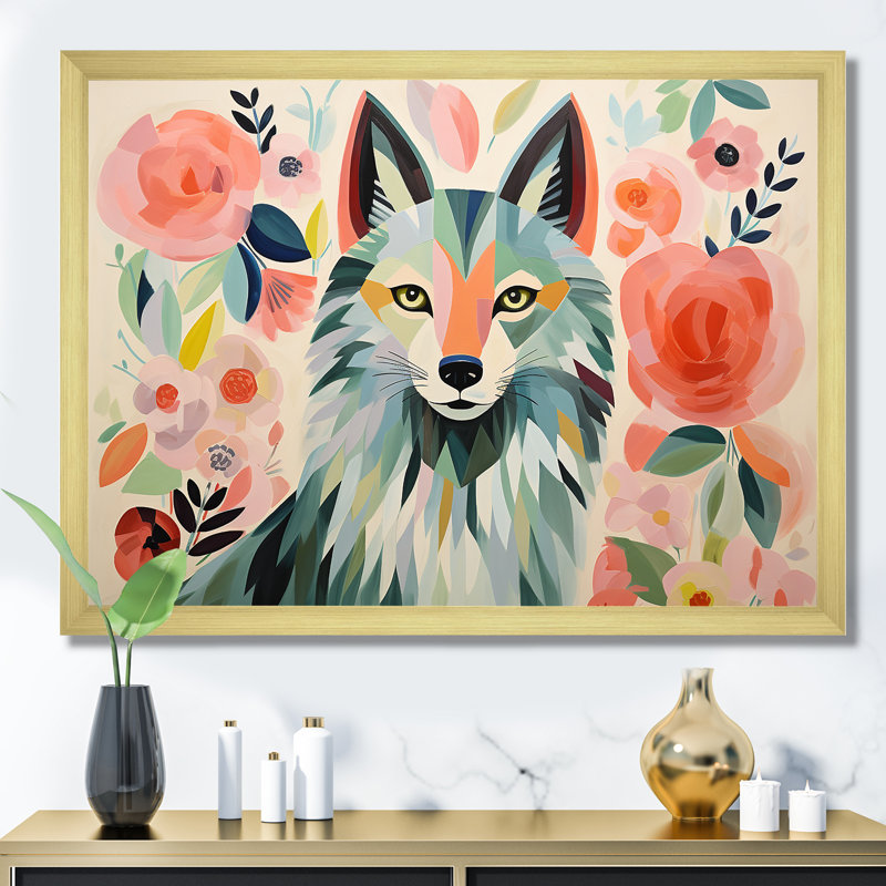 Rose et vert Boho Portrait de loup III - loup, art mural, Cadre doré à coins fermés, H 16 po x l 32 po x P 1 po