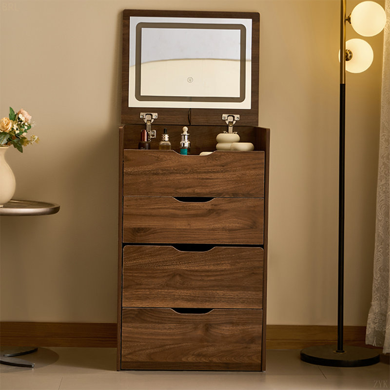 Christenia 3-in-1 Vanity Desk with Glass Top, LED Mirror & Upholstered Stool, Walnut