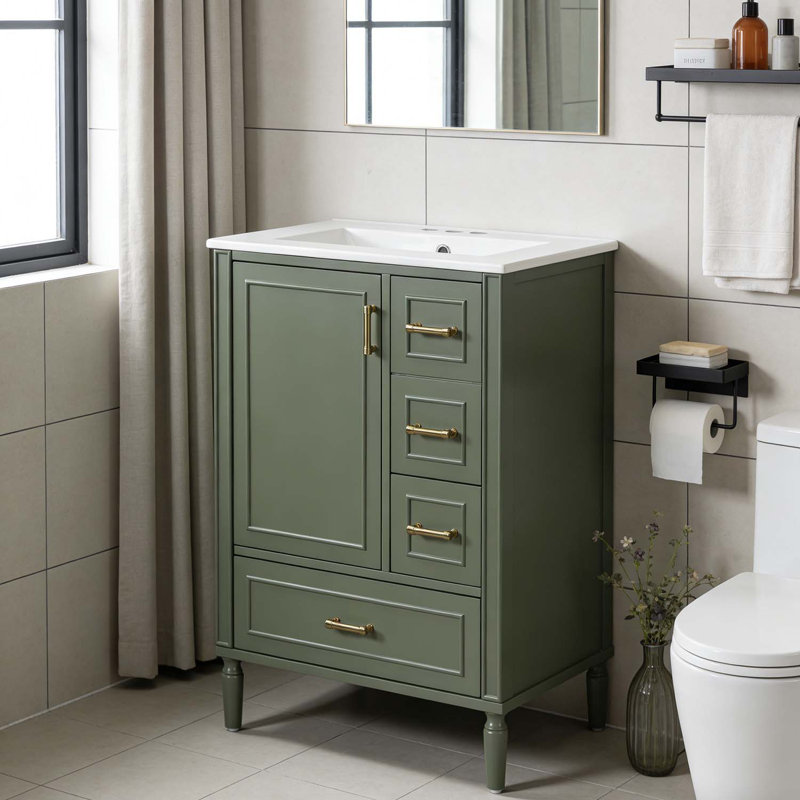 Modern Bathroom Vanity with Ceramic Sink,Soft-Close Door,and Multiple Drawers, Olive Green