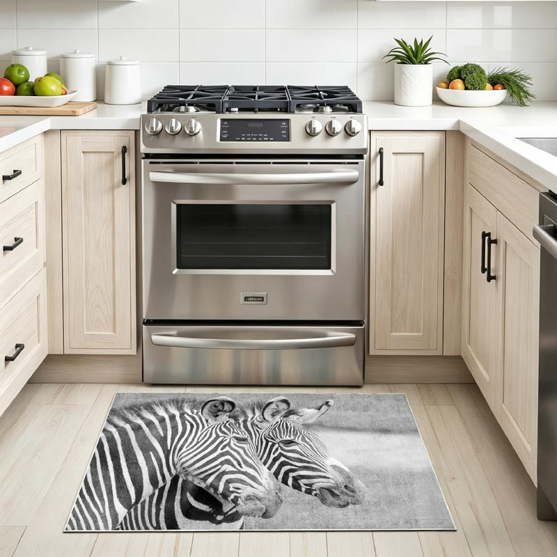 Tapis intérieur noir lavable à la machine, à motifs de deux zèbres et d'un zèbre blanc, Rectangle 32 po x 47 po