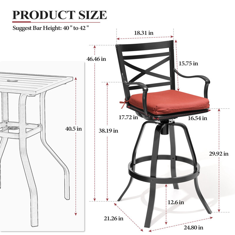 Tabouret de bar pivotant en aluminium 30 po avec coussin Sunbrella Guislaine, Rouge