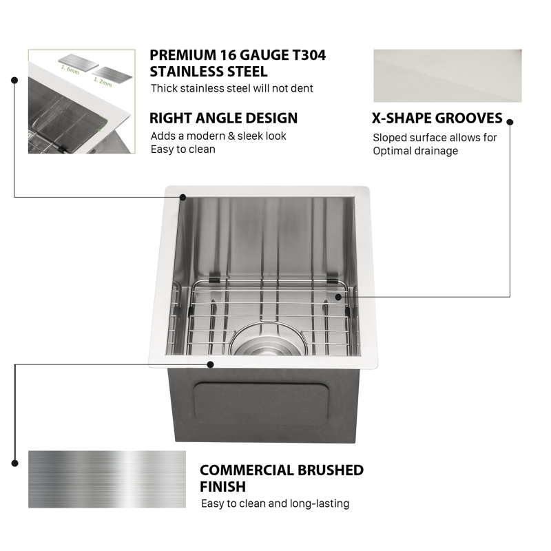 15" x 13" Brushed Stainless Steel Undermount Single Bowl Bar Sink