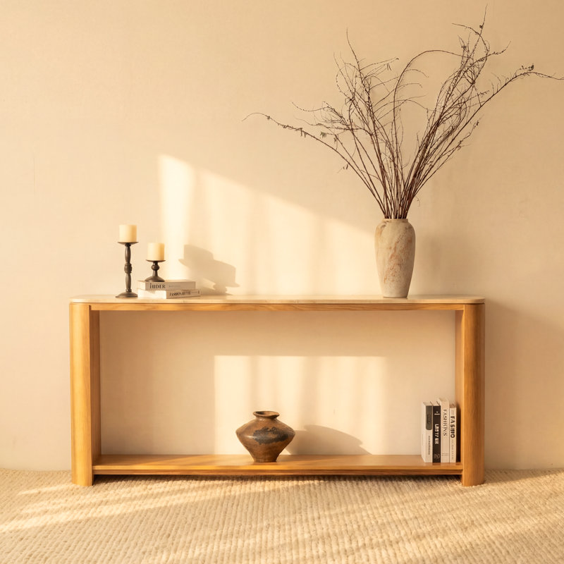 Console en chêne naturel avec plateau en travertin Ovelo, Naturel
