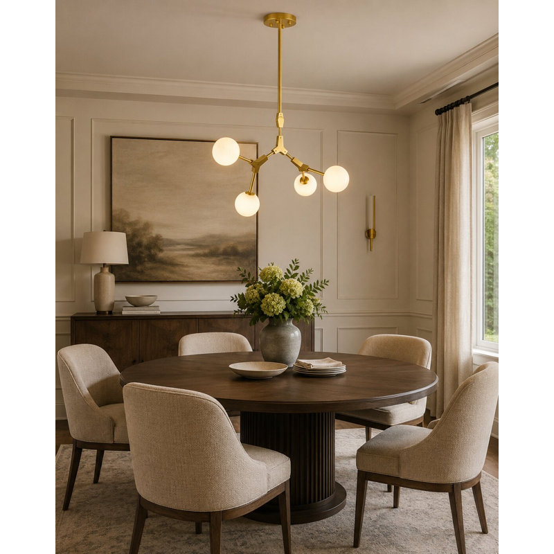 Lustre transitionnel doré à 4 lumières avec abat-jour en verre