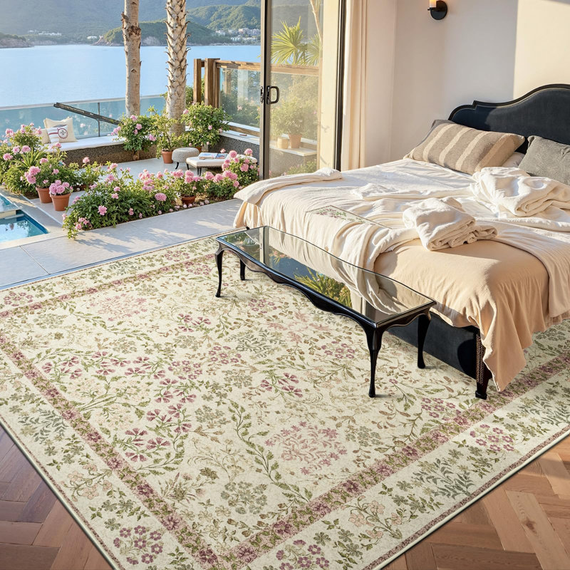 Floral Machine Washable Area Rug, Rectangle 8' x 10'