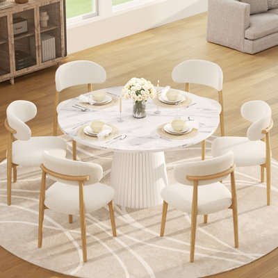 Ensemble de salle à manger de style Mid-Century pour 4-6 personnes, table à piédestal ronde en MDF et chaises en métal revêtues de lin