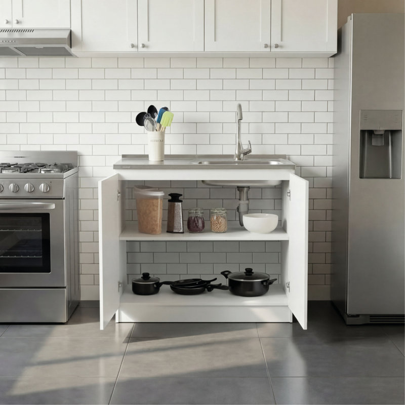 Armoire de lavabo utilitaire et de salle de lavage Napole avec évier intégré en acier inoxydable et tablettes de rangement intérieures