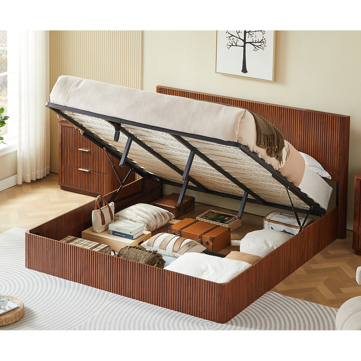 Latitude Run® King Size Lift Up Storage Bed Frame, Wooden Corrugated ...