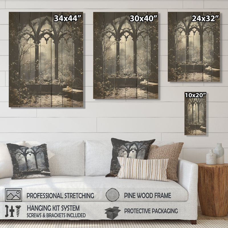 «Midnight Gothic Winter Window View III - Winter Landscape on Wood Print», H 44 po x l 34 po