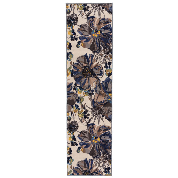 Ebern Designs Dichiera Floral Brown/Navy/Cream Non-Slip Rubberback Area ...