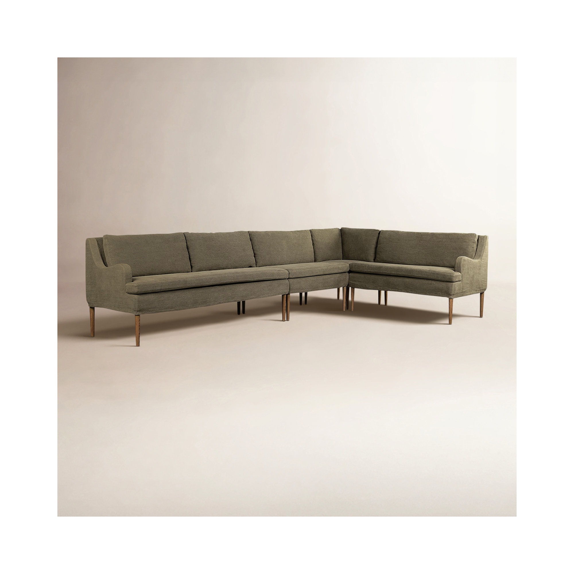 Aurelia Dining Banquette, 34.5" H x 137.5" W x 76" D, Broadway Olive Linen, Right Hand Facing