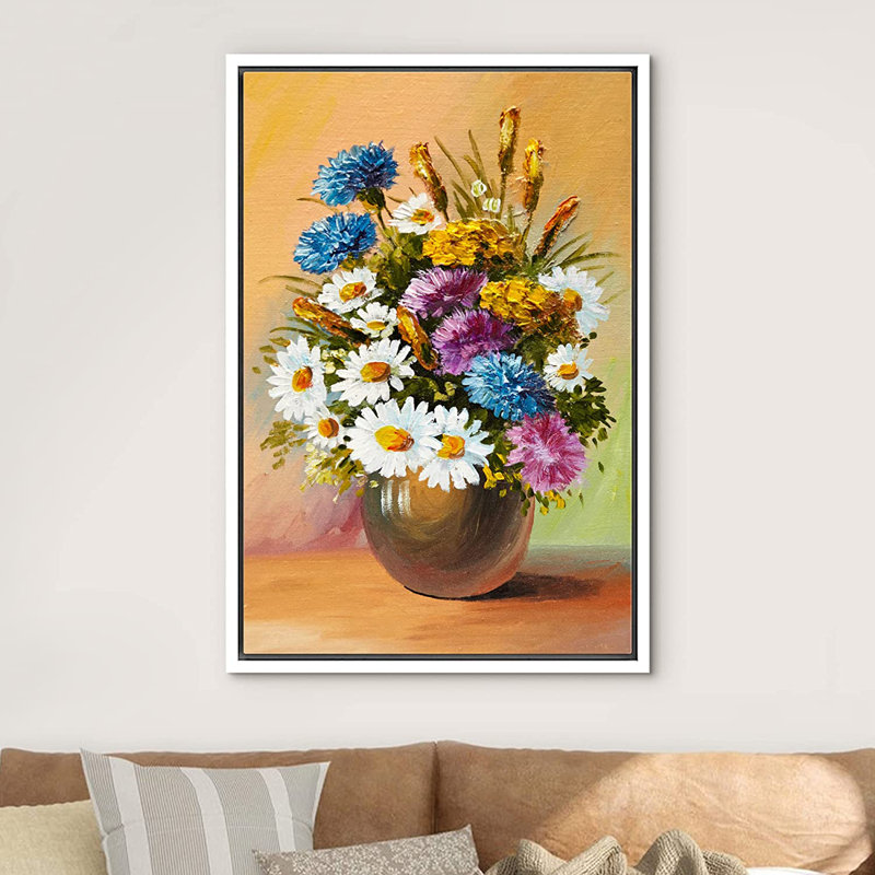 "Idea4wall", impression sur toile, marguerite, œillet et tulipe, H 24 po x l 16 po, Cadre blanc