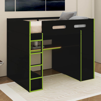 Full Size Wood Loft Bed With Desk,Wardrobe,Ample Storage Space,And RGB LED Light