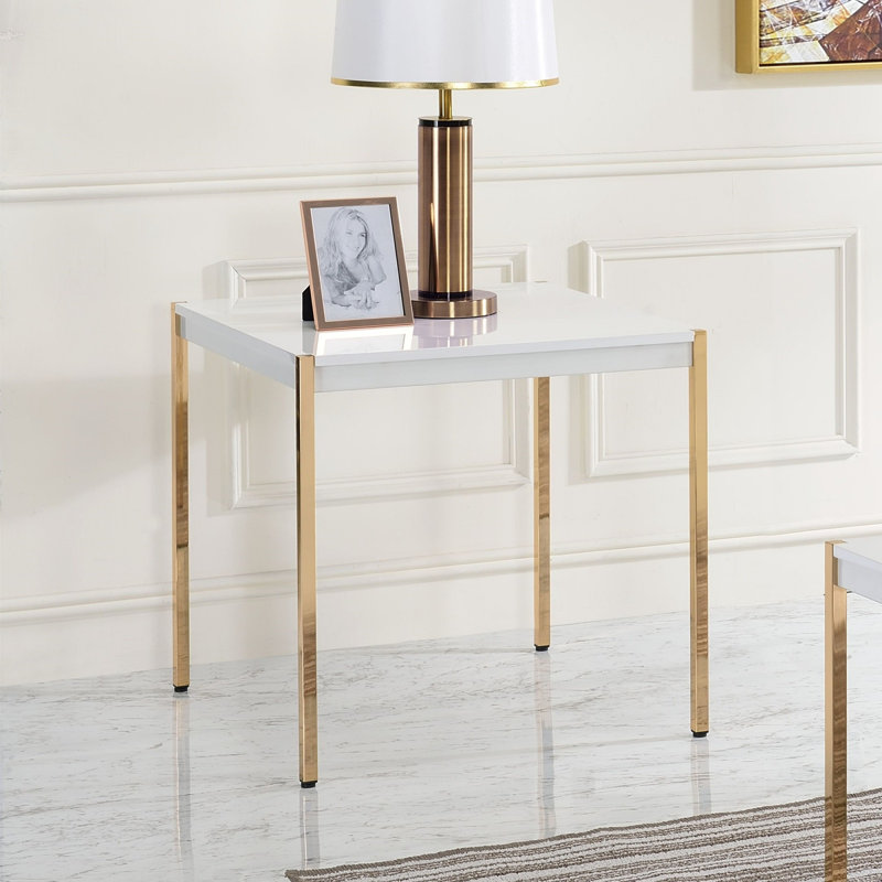 Table de bout carrée avec pieds en métal, blanc et or