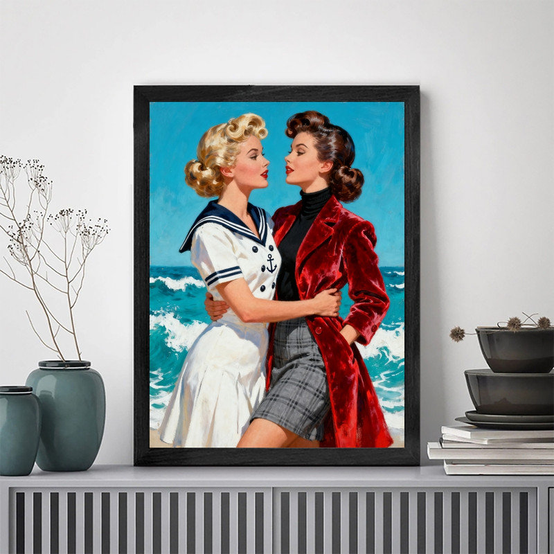 Reproduction d'art encadrée noire rétro, bord de mer, rétro, portrait de plage, H 11 po x l 9 po