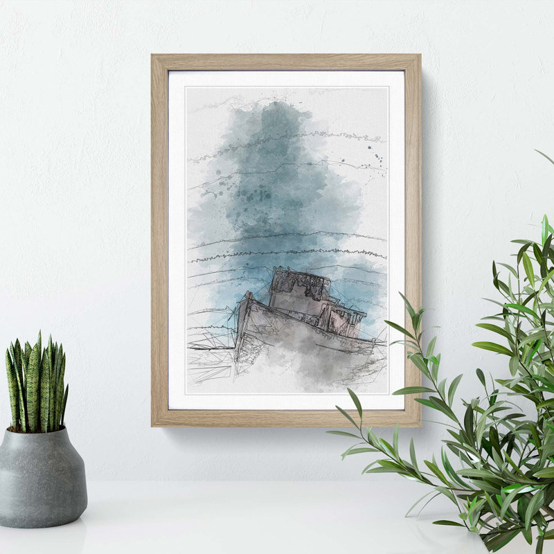 Stranded Boat upon the Beach in Abstract - Picture Frame Graphic Art Print, 48cm H x 36cm W x 2cm D, Oak Framed