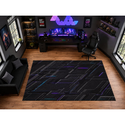 Tapis d'intérieur ultra-léger de 200 x 300 cm (6'7" x 9'10") à motif quadrillé futuriste, idéal pour la décoration de salle de jeux. Doux et à poils courts, il est doté d'un envers antidérapant en silicone et se décline en noir, violet et bleu.