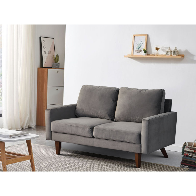 Causeuse à accoudoirs carrés, Velours gris velours, H 35 po x l 60 po x P 33 po
