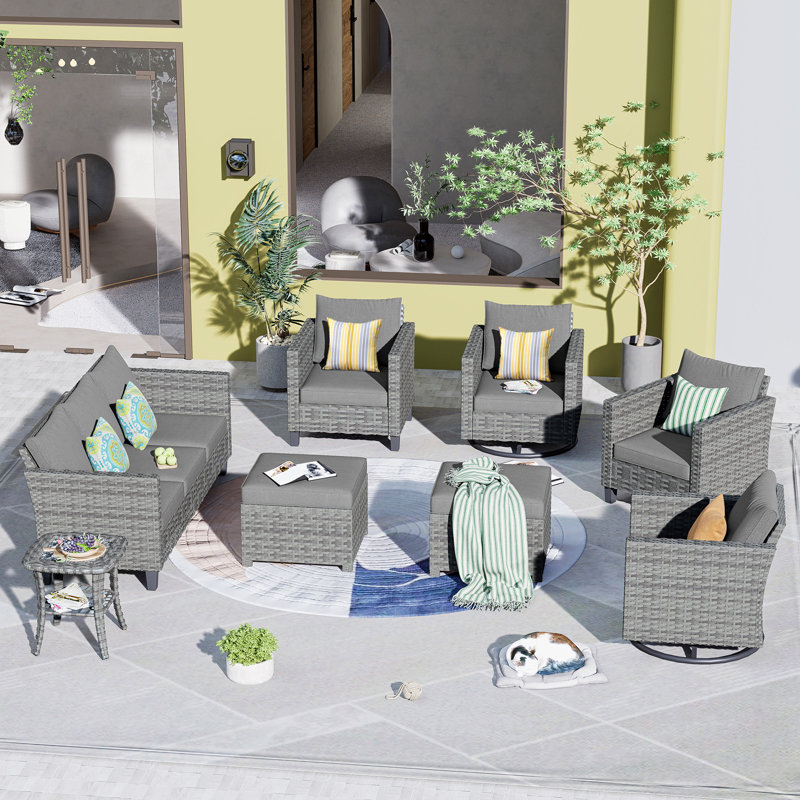 Ensemble de conversation en osier / rotin 7 personnes avec coussins GRST, Gris foncé