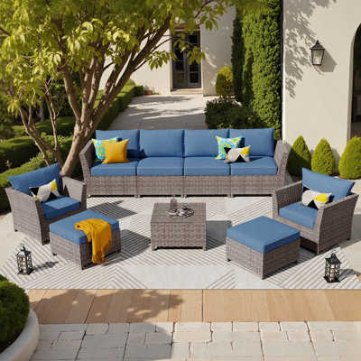 Ensemble de mobilier de patio pour 8 personnes, assemblage en rotin en osier avec coussins, ensemble de conversation pour canapé toutes saisons pour jardin