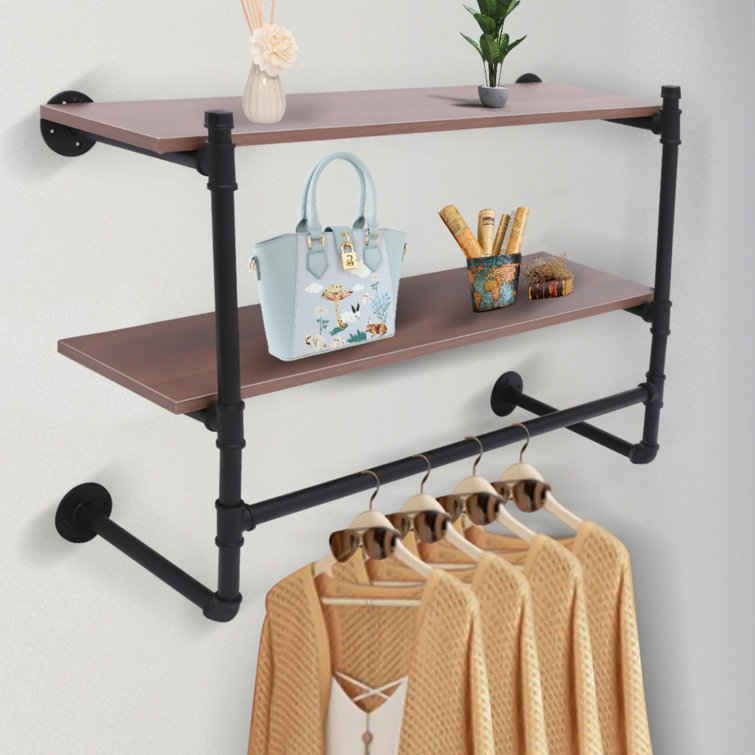 Abubakary 36in 2 Tiers Industrial Clothing Rack Wall Mounted Wood Shelf,  Pipe Floating Shelves