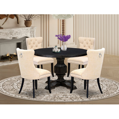 L'ensemble de table de cuisine 5 pièces comprend une table en bois et 4 chaises de salle à manger en tissu de lin beige clair avec dossier capitonné - Noir sablé