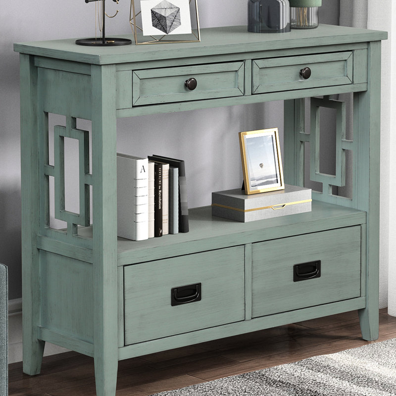 Console Style en bleu rétro. 4 tiroirs et 1 tablette de rangement. Surface de vie en bois de pin massif avec tablette 36 po, chambre bleue, couloir
