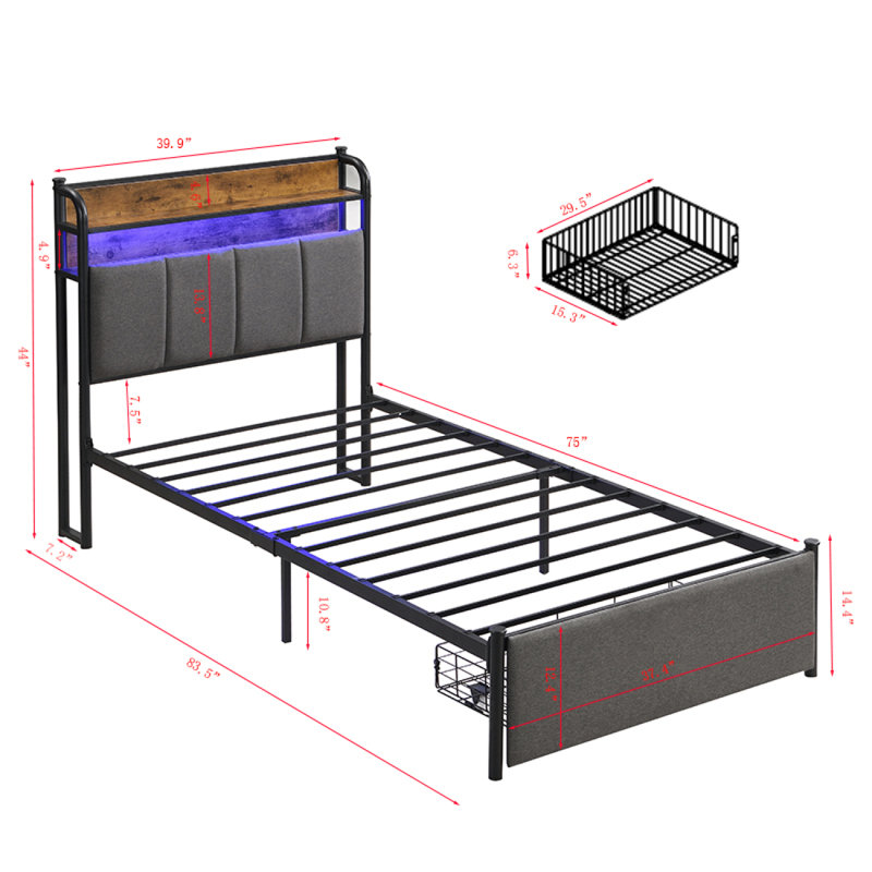 Bed Frame Frame, Storage Headboard With Charging Station, Solid And Stable, Noise Free, No Box Spring Needed, Easy Assembly