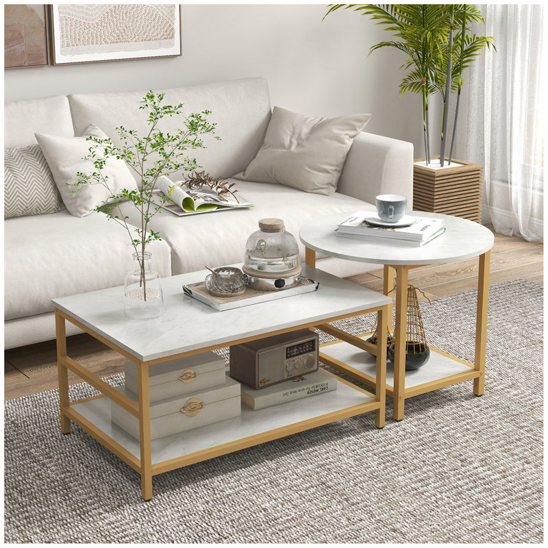 HOMCOM Coffee Tables Set of 2, 2-Rier Rectangle and Round Coffee Table with Storage Shelves, Faux Marble Top and Steel Frame