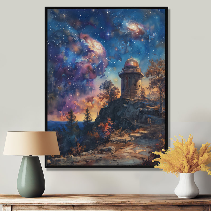 Décoration murale observatoire II - étoile bleue et mauve, H 16 po x l 32 po x P 1 po, Toile avec cadre flottant noir