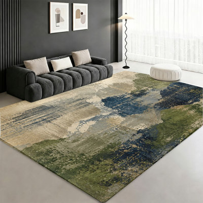Tapis en velours à motifs abstraits bleu-vert-beige, dos antidérapant, idéal pour la décoration intérieure moderne d'un salon, d'une chambre, d'un couloir, d'un appartement ou d'un bureau.