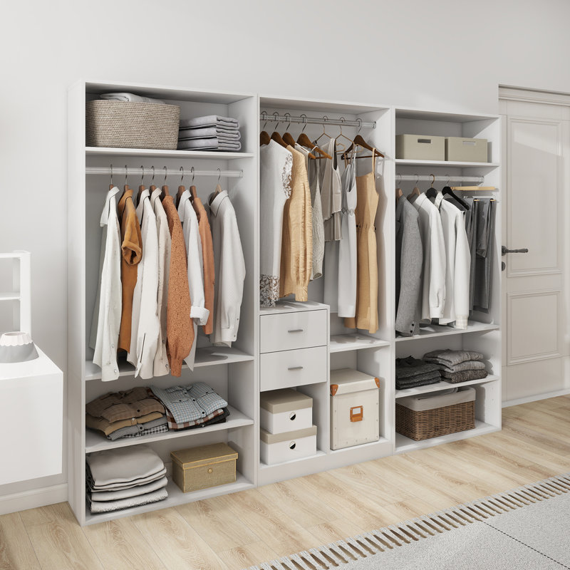 Modern Wooden Armoire Wardrobe Closet: 8 Shelves and 2 Drawers Wardrobe Closet