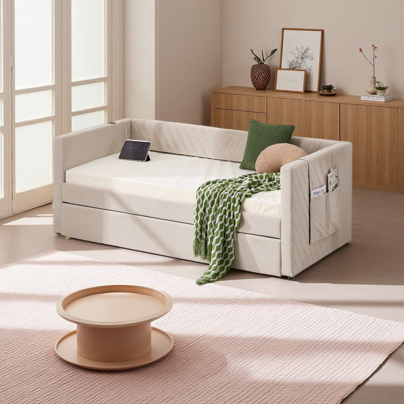 Twin Size Upholstered Daybed With Trundle,USB Port ,Side Pockets, Modern V-Grained Backrest Design,No Box Spring Needed, For Bedroom, Guest Room