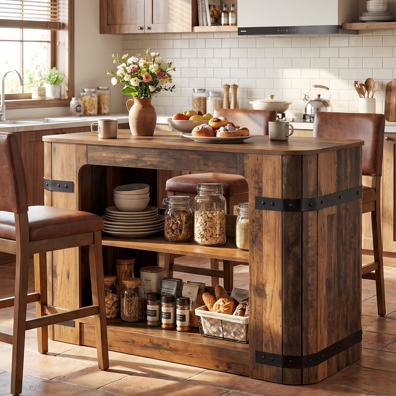 Îlot de cuisine rustique de 55 po avec tablettes de rangement, table de bar industrielle avec détails en métal noir et espace pour les jambes, table de pub peu encombrante pour les petites cuisines