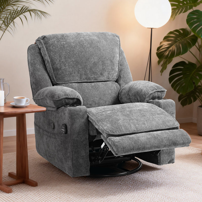 Fauteuil inclinable pivotant à bascule avec porte-gobelets en tissu de chenille chauffant à assemblage facile, Gris