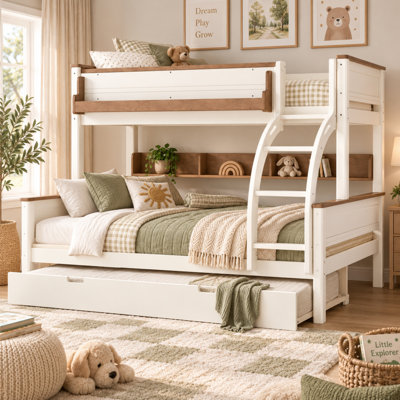 Benedict Convertible Wood Bunk Bed with Pull-Out Trundle, Detachable 2-Bed Design, Side Storage Shelf & Ladder