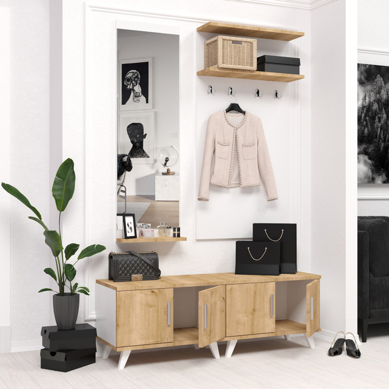 Hall Tree with Bench and Shoe Storage, Oak/White