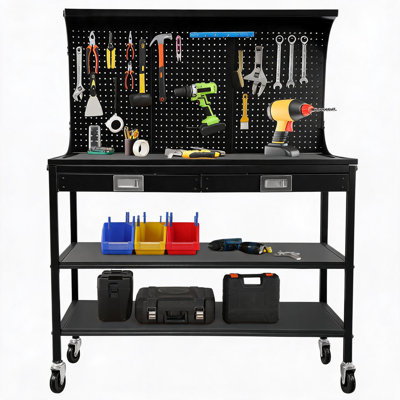Ensemble mobile multifonctionnel en acier robuste de 122 cm (48 po) avec 2 tiroirs, panneau perforé et 3 tablettes
