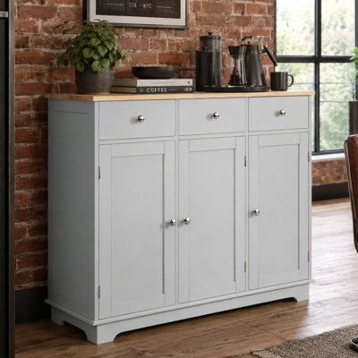 Modern Farmhouse Sideboard Buffet Cabinet with 3 Drawers, Rubberwood Top, Adjustable Shelves, and Anti-Tip Design for Kitchen, Dining Room, and Living Room