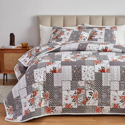 Ensemble de courtepointe patchwork pour lit double 3 pièces à motif floral à carreaux d'été
