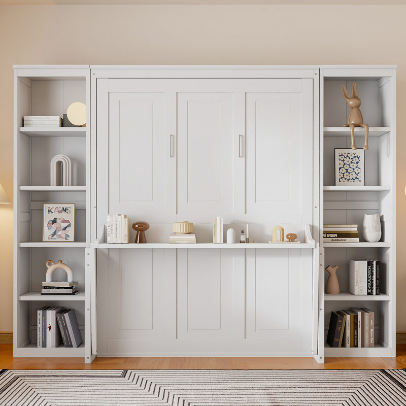 Lit escamotable compact avec bureau, tablettes ouvertes et rangement latéral - Lit mural pliable