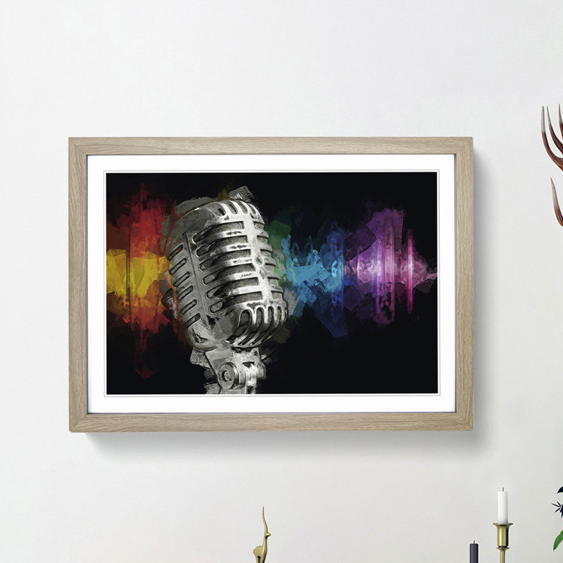 Silver Vocal Microphone in Abstract - Picture Frame Painting Print, 50cm H x 76cm W x 2cm D, Oak