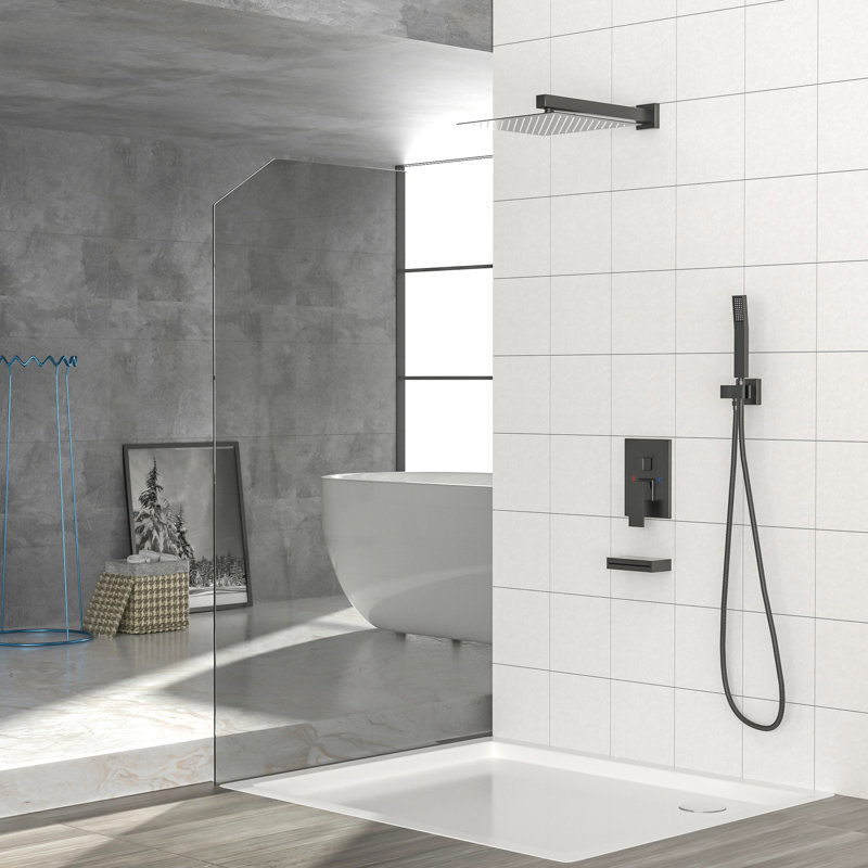 12 Inch Wall Mounted Shower System In Matte Black With Waterfall Tub Spout For Delightful Bathing Joyous Baths, Matte Black