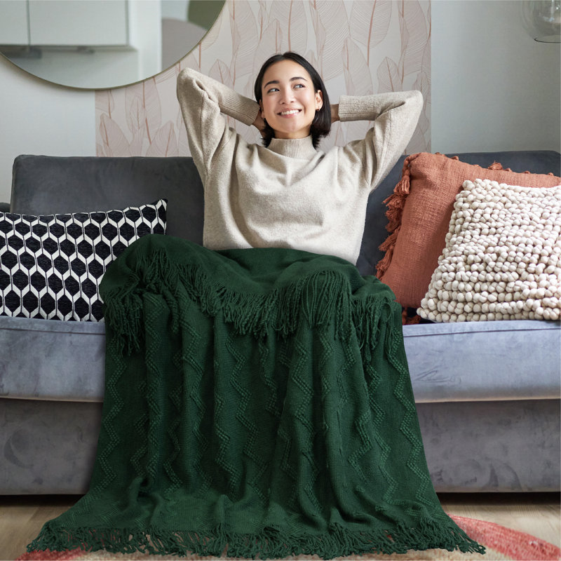Emerald Green Twin Knitted Fleece Throw Blanket with Fringe
