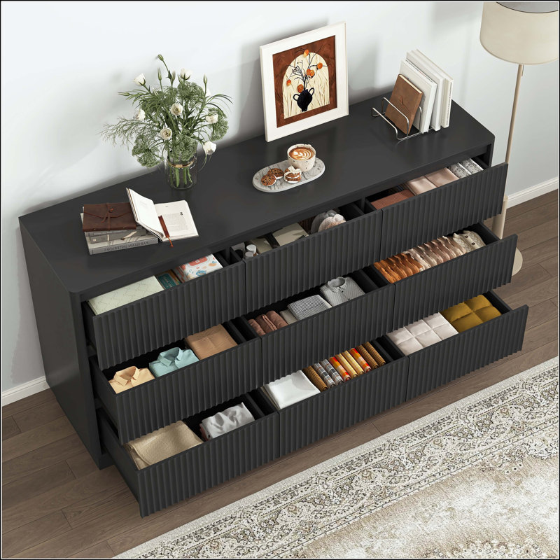 9-Drawer Wave Design Dresser - Mid-Century, Black