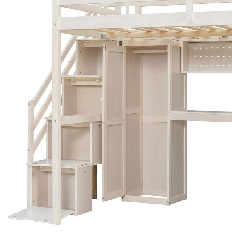 Structure de lit double pleine grandeur avec garde-robe intégrée, bureau d'étude, tablettes et lumières de rangement, conception peu encombrante
