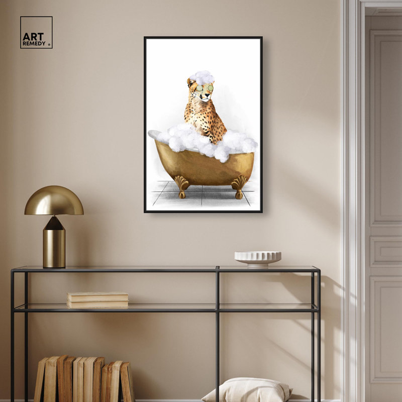 «Bathtime Cheetah», reproduction d'art sur toile par Art Remedy, Structure noire, H 16 po x l 11 po