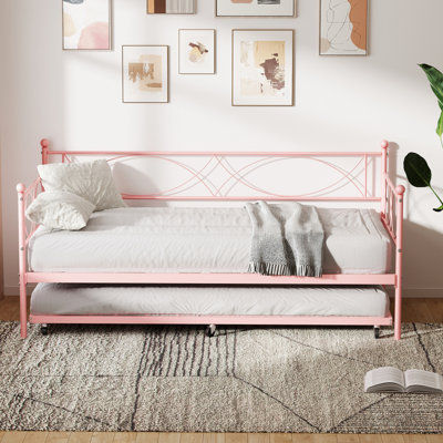 Metal Daybed Frame with Trundle, Heavy Duty Metal Slats, Mattress Foundation Platform Sofa Bed with Lockable Casters for Bedroom, Living Room, Guest Room