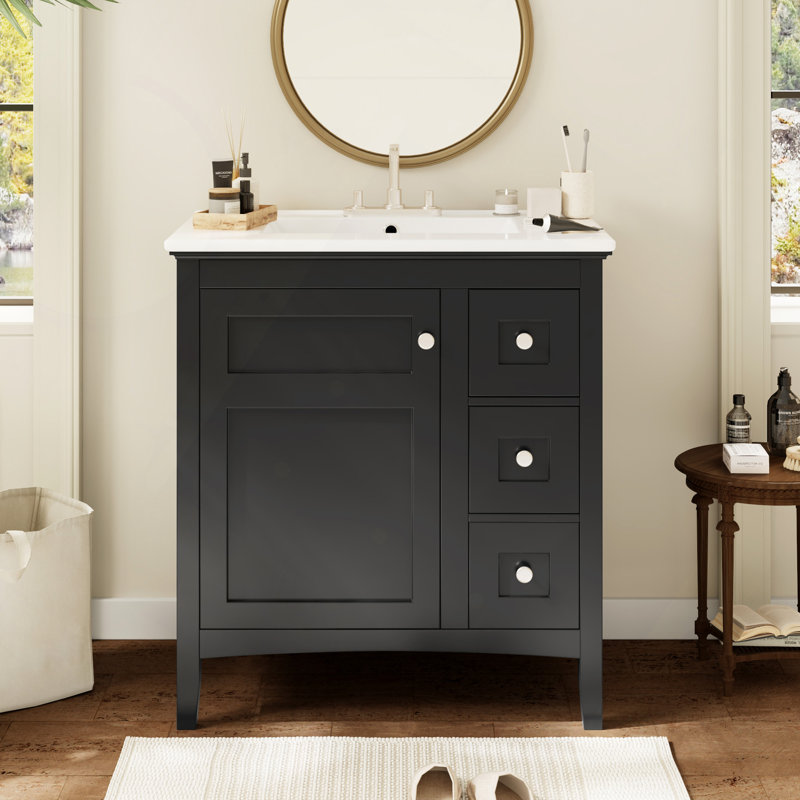 Meuble-lavabo moderne de 30 po avec lavabo en céramique, 3 tiroirs, meuble de rangement moderne en bois massif, idéal pour la maison